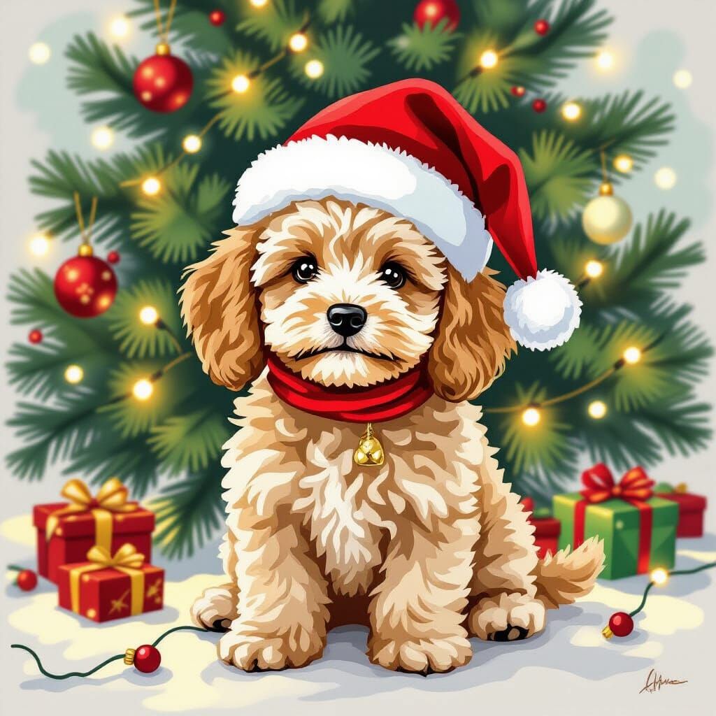 Festive Cockapoo in Santa Hat Among Christmas Lights