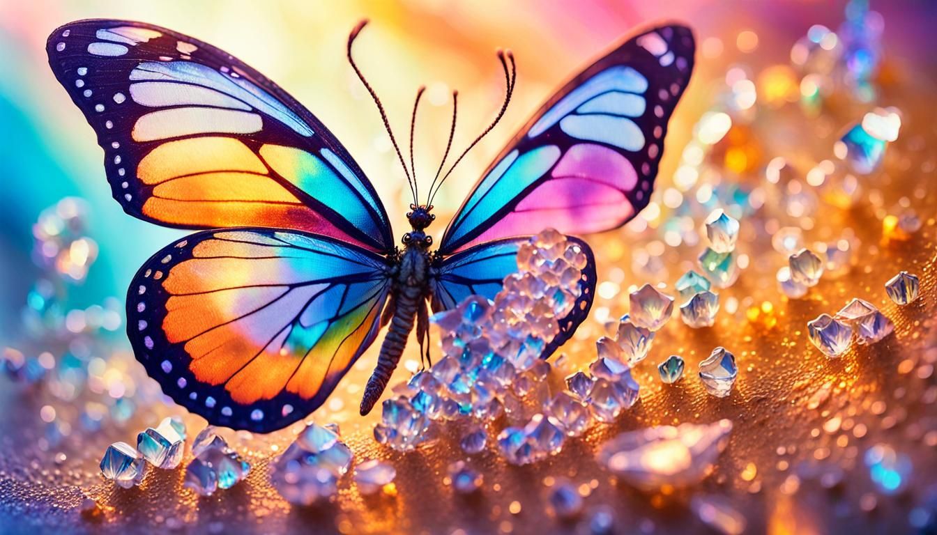 Colorful Butterfly Fluttering Near Sparkling Crystal