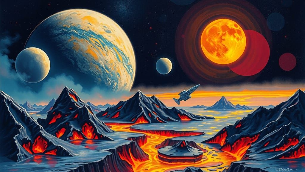 Volcanic Planet with Lava Arcs in Alcohol Ink Style