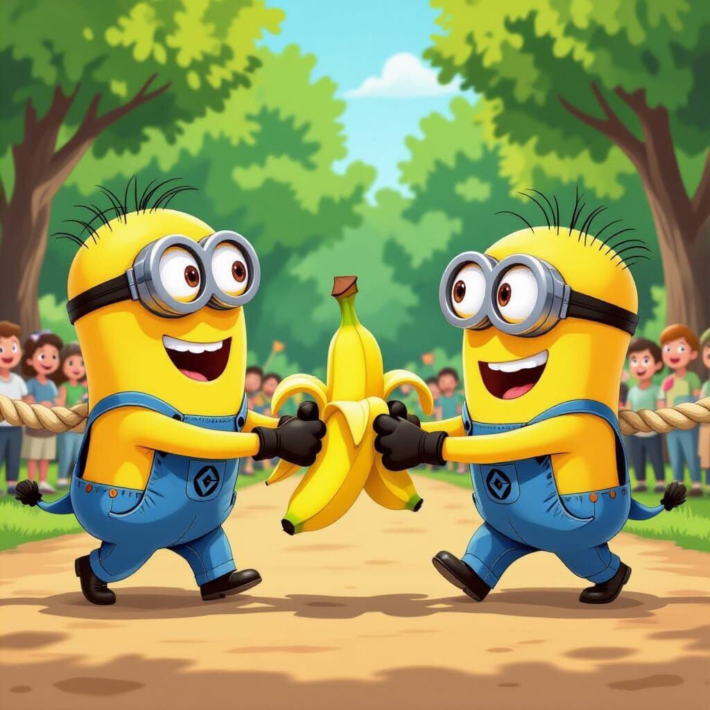 Minions in Cartoon Tug-of-War over Banana