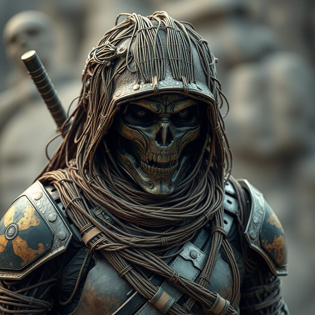 A post-apocalyptic warrior clad in the armor made entirely o...