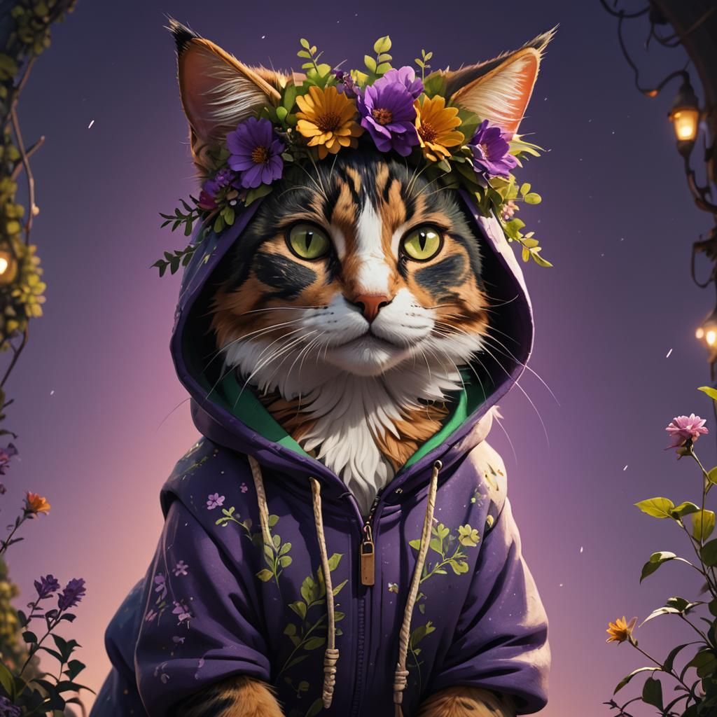 Calico Cat in Hoodie: Dark Fantasy Concept Art