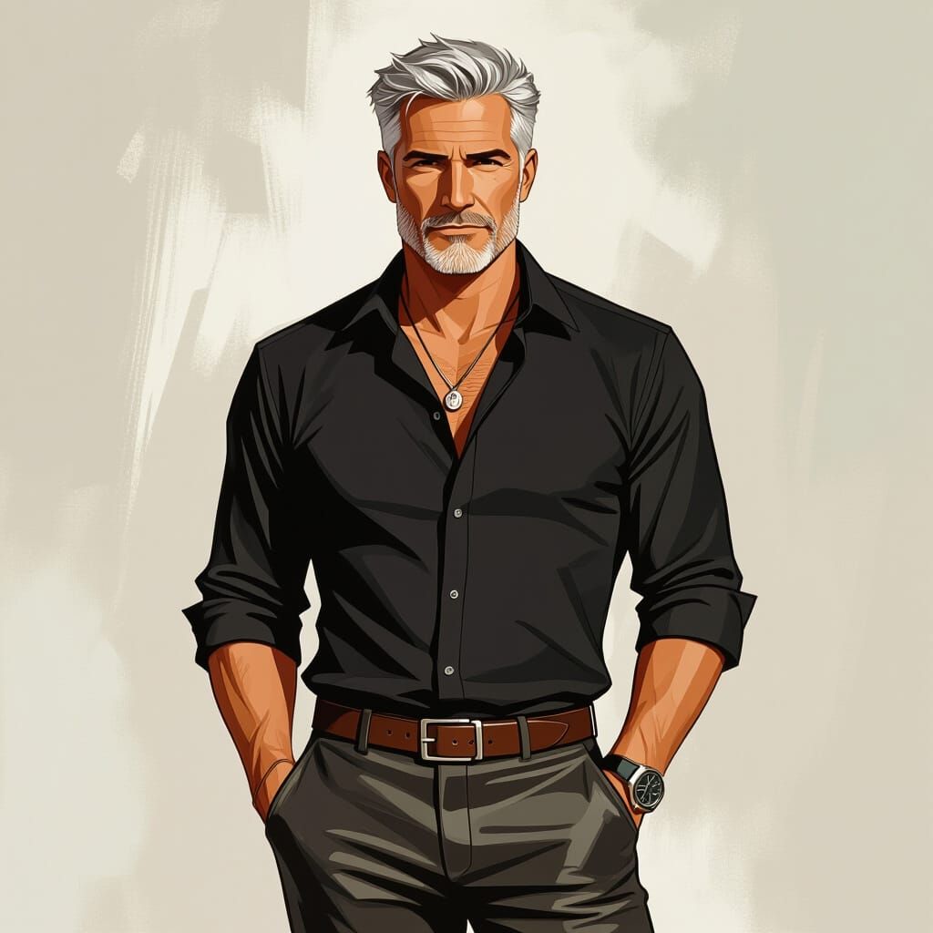 Confident Gray-Haired Man in Comic Book Style