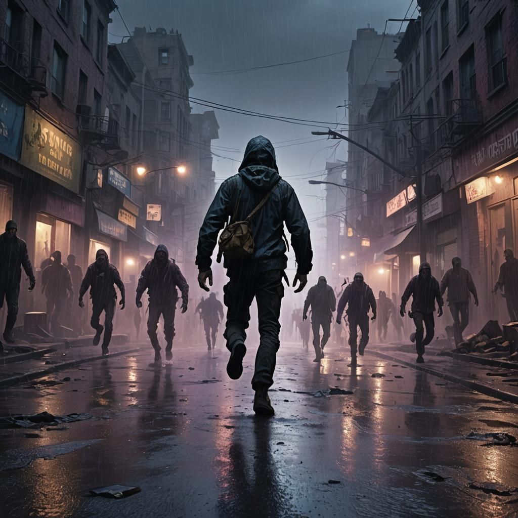 Dark Fantasy: Survivor Running from Zombies in Rain