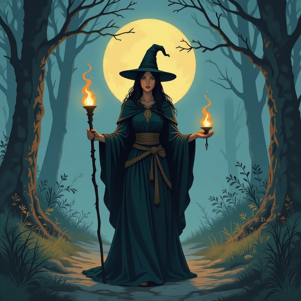 Hecate Protects a Solitary Figure on Dark Path