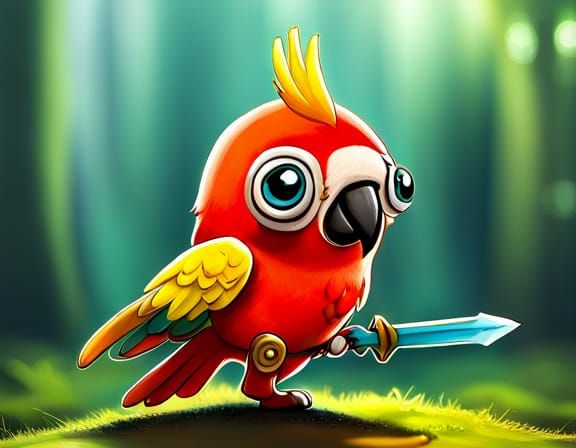 Chibi Parrot Warrior with Feather Sword