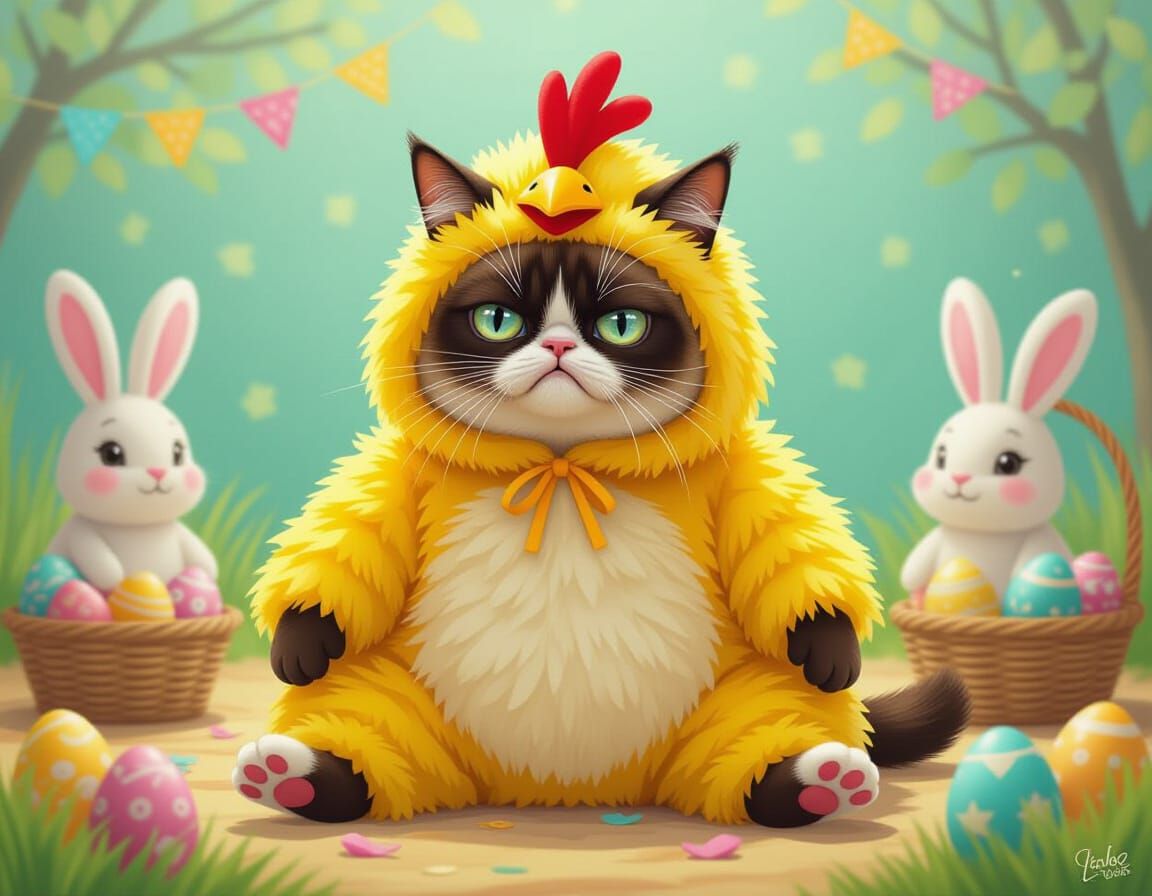 Grumpy Cat in Chicken Costume Easter Still Life