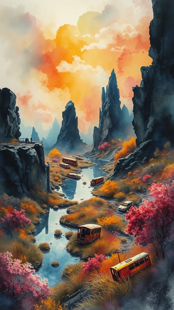 Ethereal Apocalyptic Landscape with Streetcars