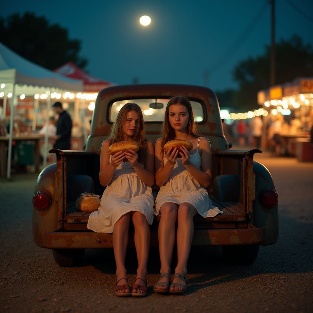Girls Enjoying Bratwurst at Night Market