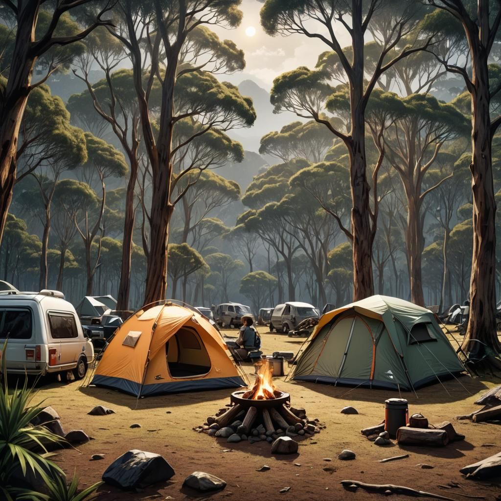 Australian Camping Adventure: Hyperrealistic Cinematic Still