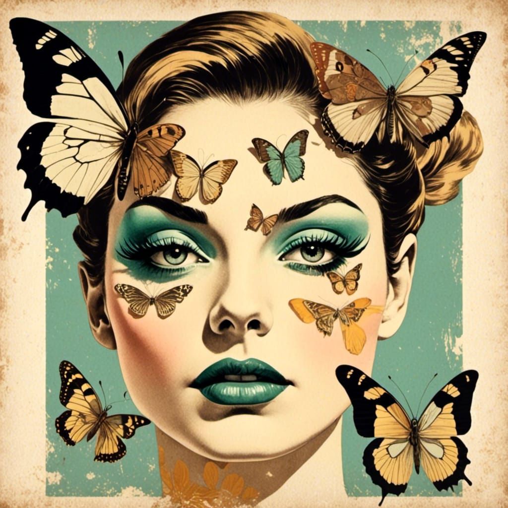 Surreal Woman's Face with Butterflies, Vintage Collage Art