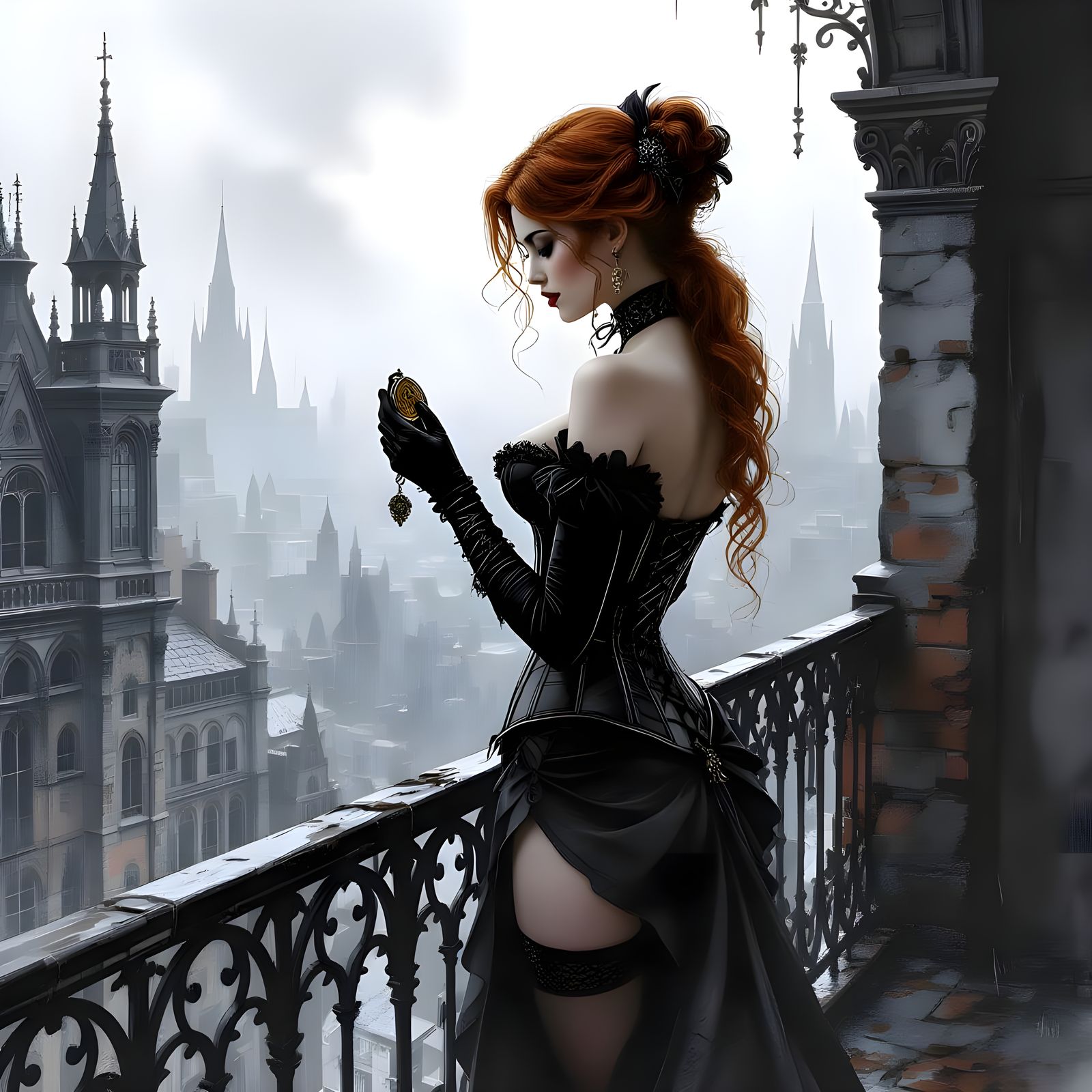 Elegant Woman on Crumbling Balcony in Neo-Victorian Style