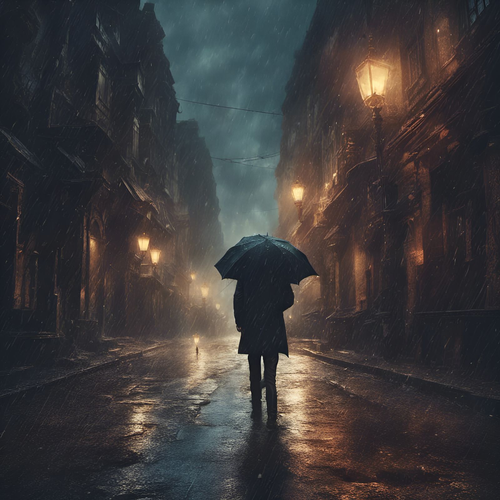 Melancholy Man Walks in Rainy 1910 Street