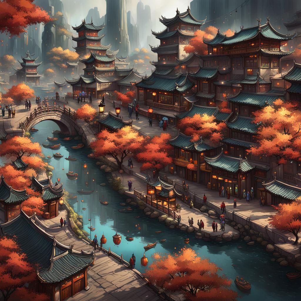 Detailed Urban Landscape: A Matte Painting in Folk Style