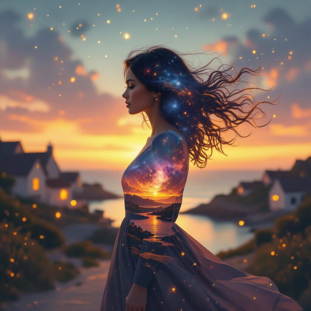 Surreal Night Sky Woman: A Digital Double Exposure Painting