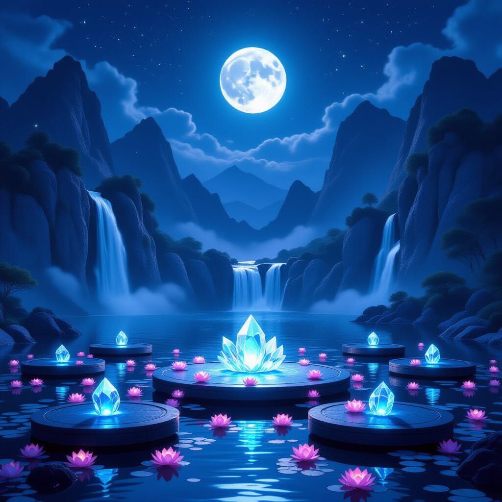Twilight Landscape with Glowing Waterfall and Lotus Flowers