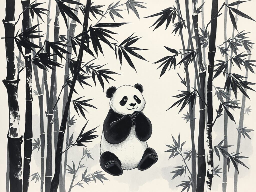 Panda in Bamboo Grove: Calligraphic Ink Wash Painting