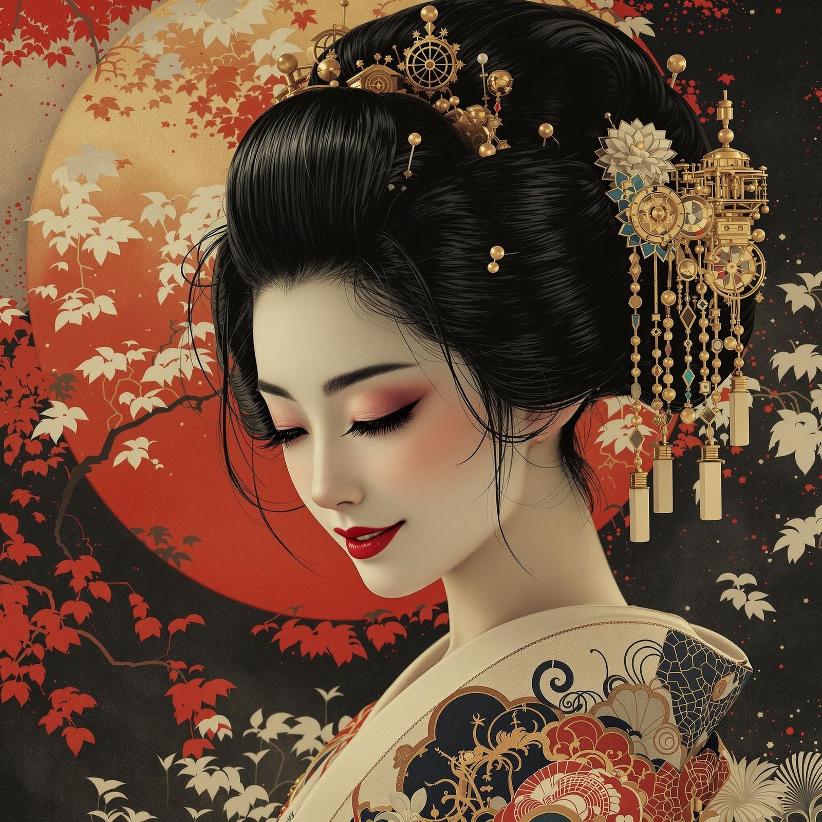 Ethereal Geisha in Ink-Washed Elegance