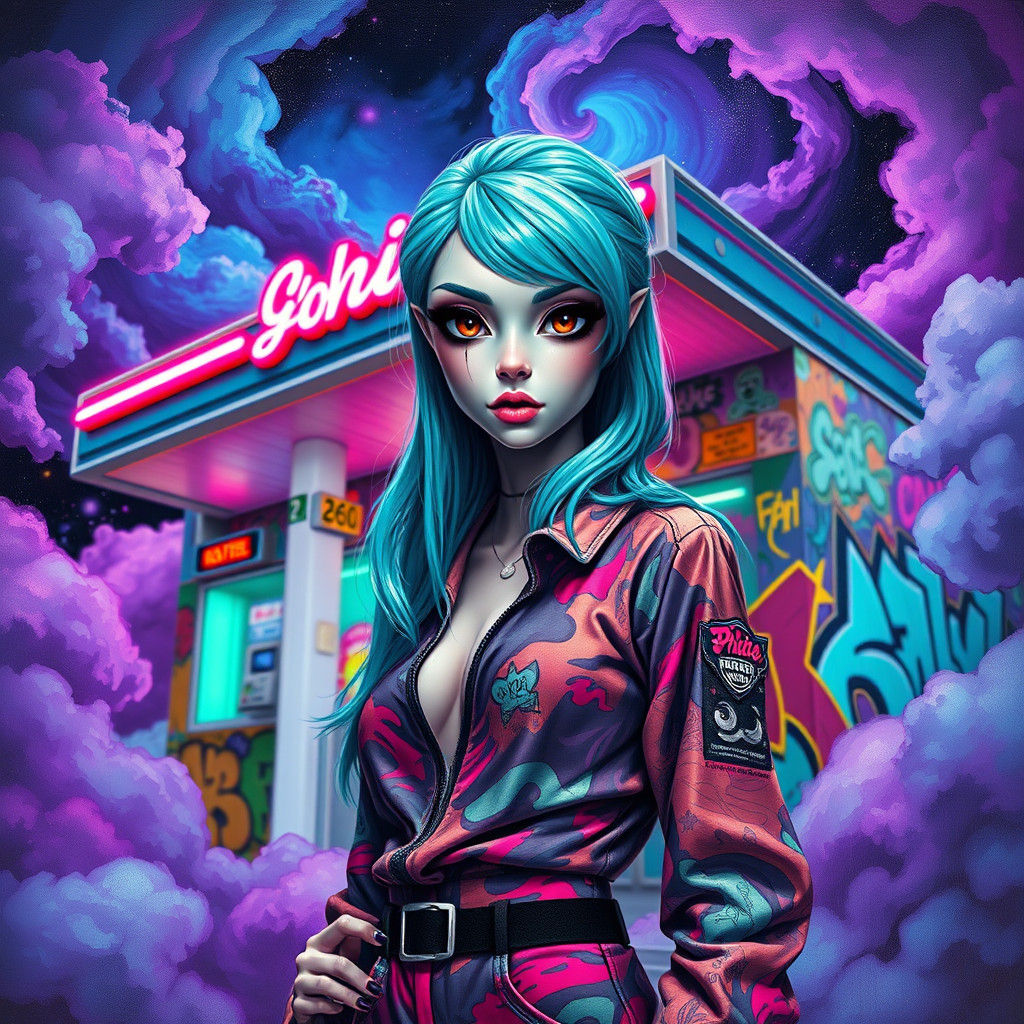 Alien Woman at Neon Gas Station in Cyberpunk Style
