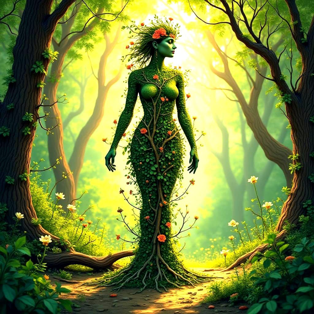 Nature Goddess Embodied in a Lush Forest of Golden Light
