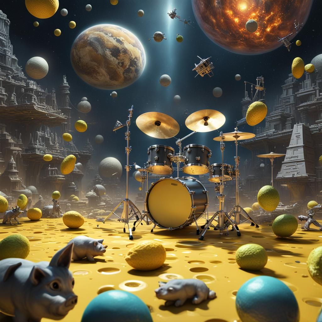 Surreal Sci-Fi Still Life with Pigs and Pyramids