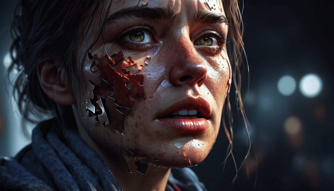 Disintegrating Woman in Hyperrealistic Puzzle Pieces