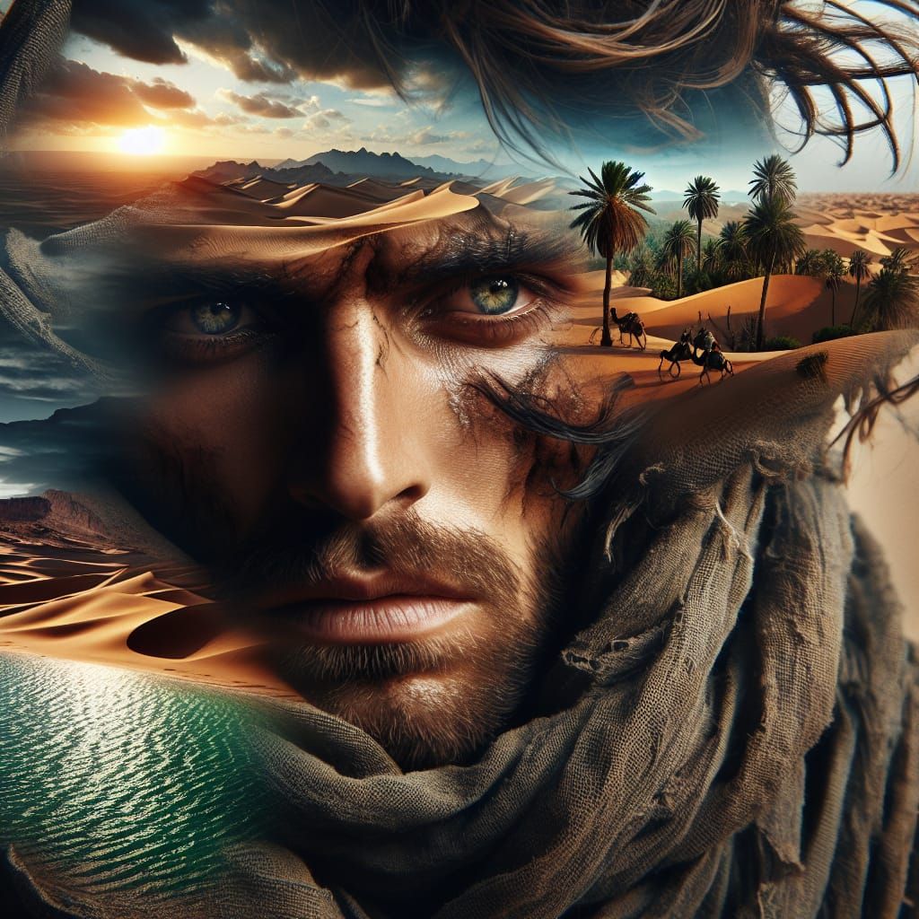 Double Exposure: Desert Traveler's Oasis Dream