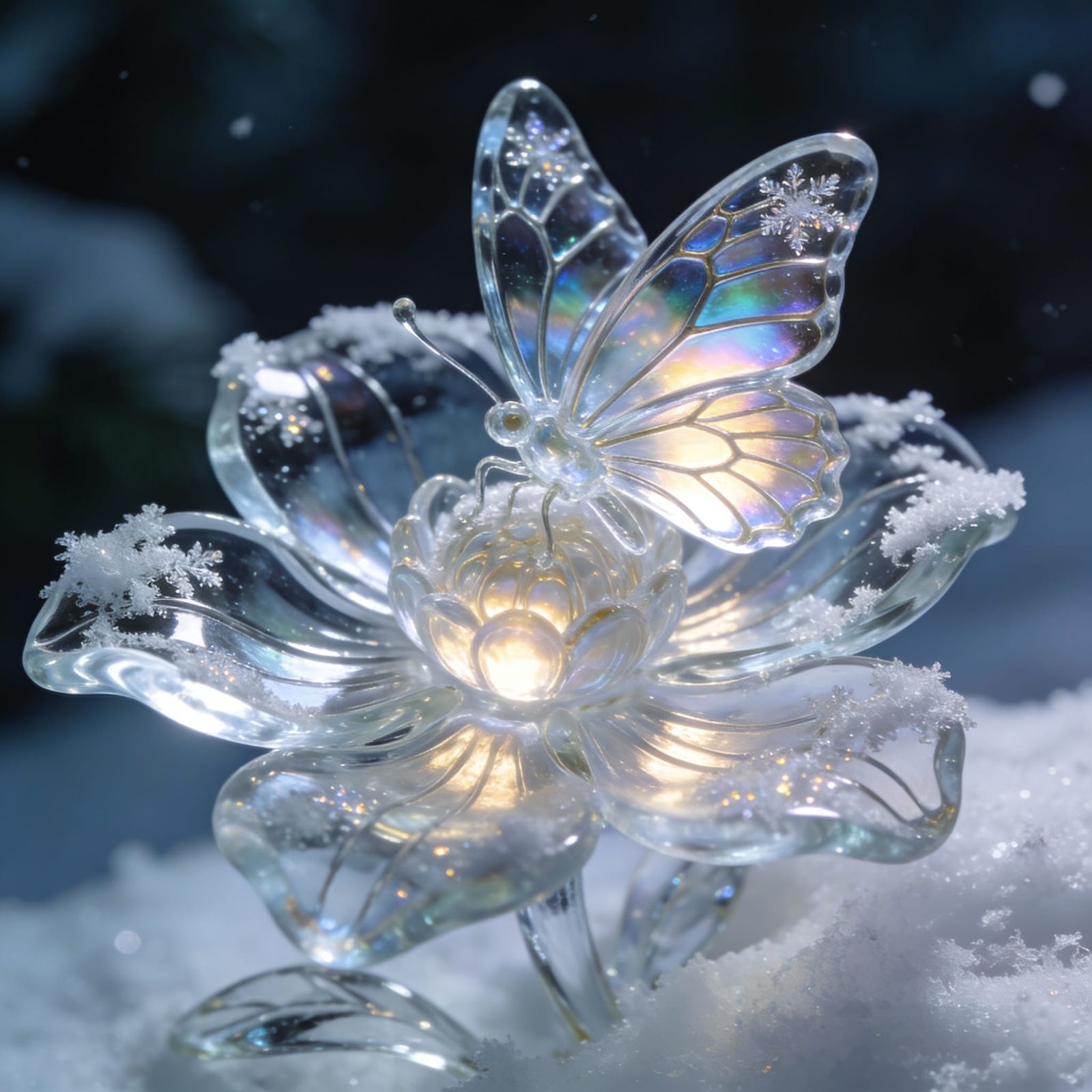 Glass Butterfly on Snow-Covered Flower in Ethereal Light