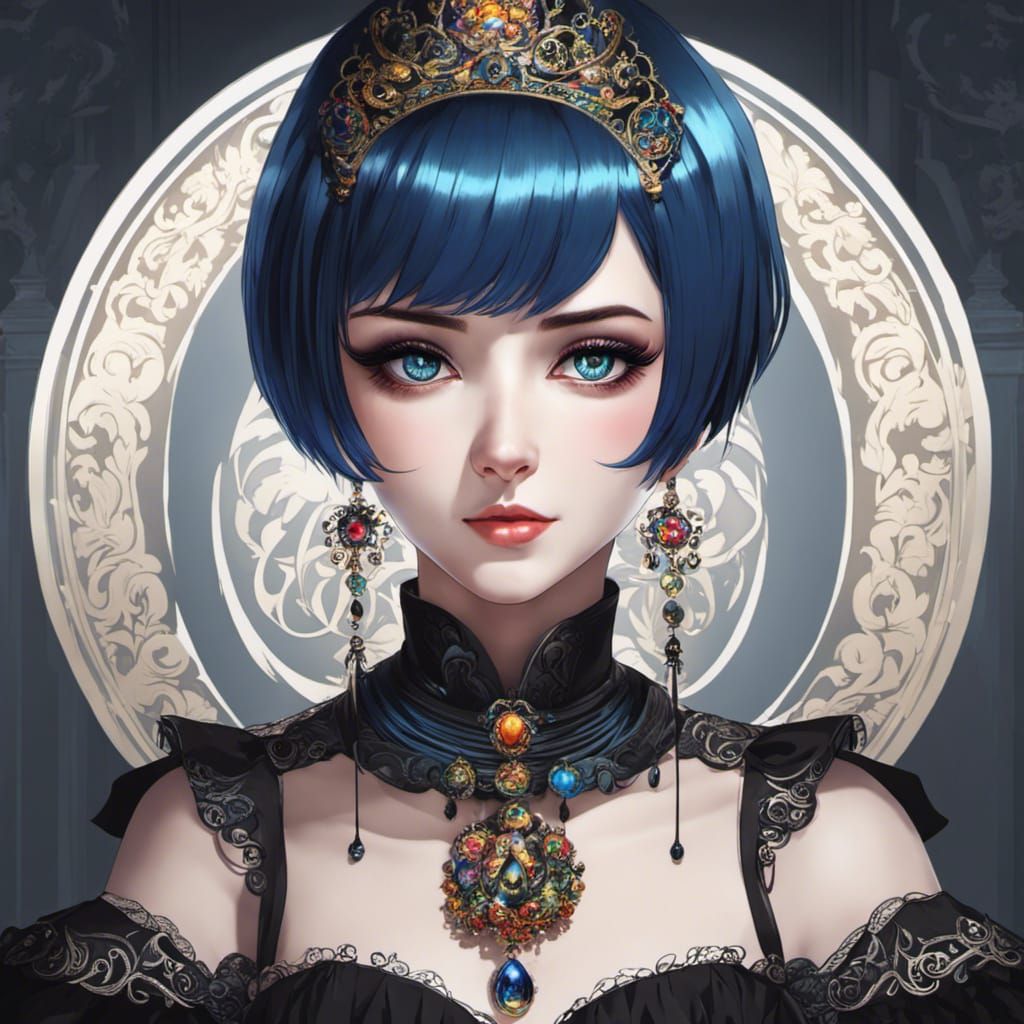 Gothic Anime Woman with Rainbow Eyes Portrait