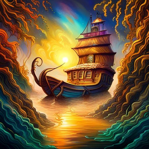 Sunken Pirate Ship with Coral in Graffiti Art Style