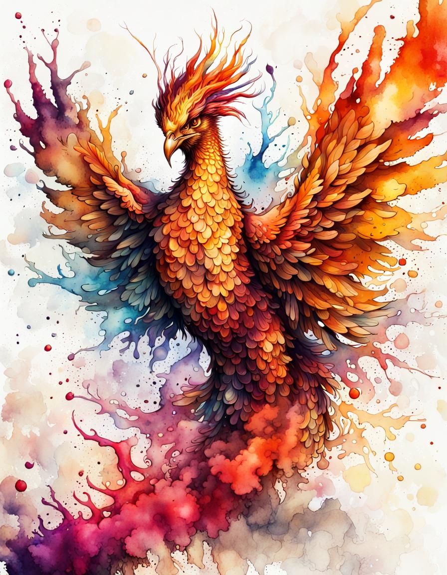 Detailed Watercolor Phoenix in Ink Splatter Art