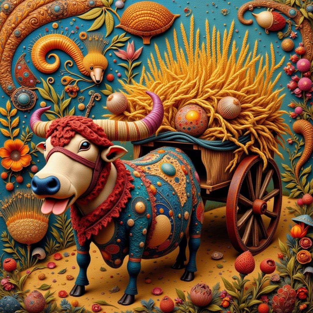 Whimsical Medieval Ox in Vibrant Quilted Fabrics