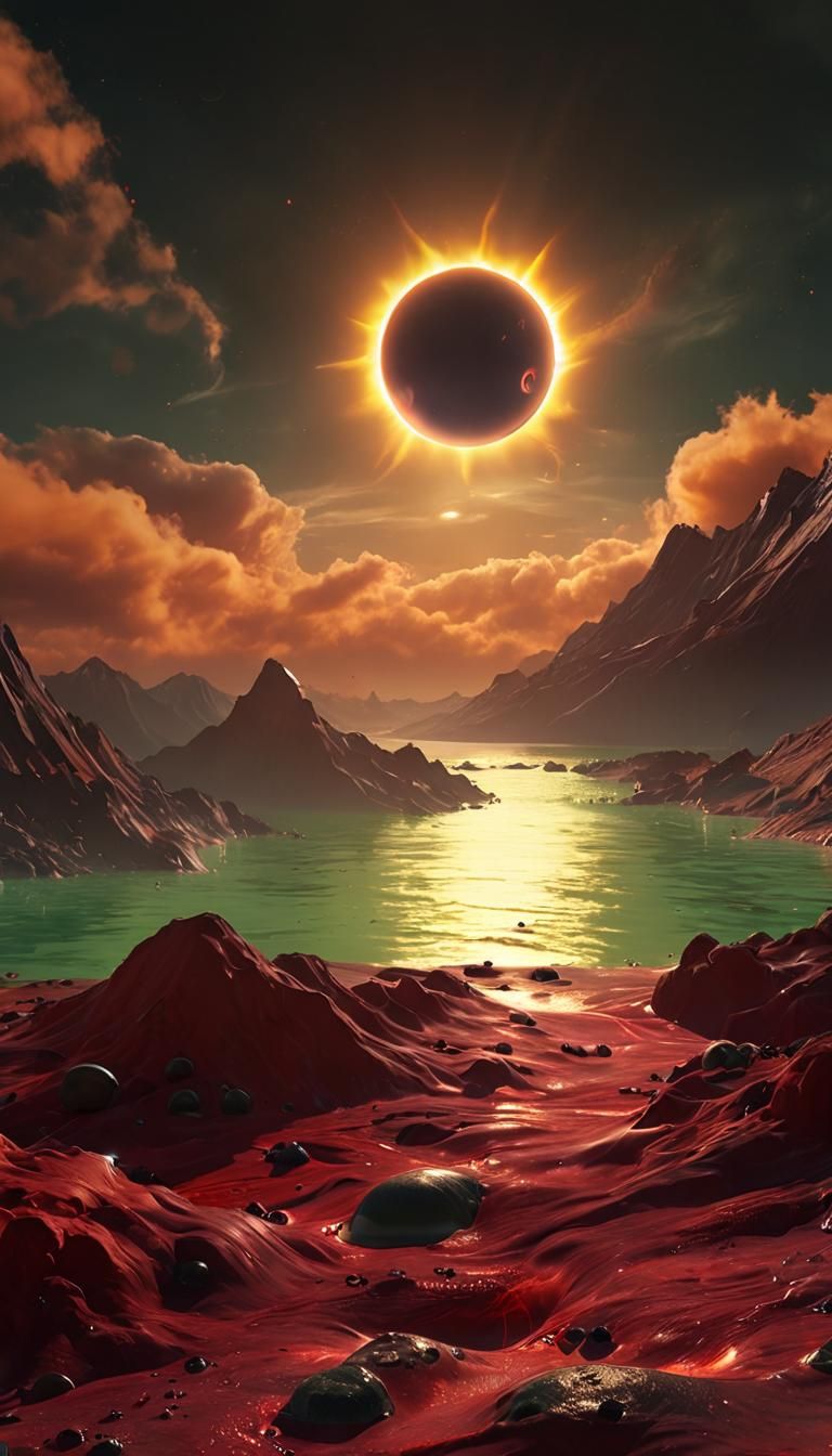 Solar Eclipse, Methane Jelly Lake of Emerald hue, Soup of Non-newtonian sweep, Stormy Gushing Red Dusty clouds moves in ...