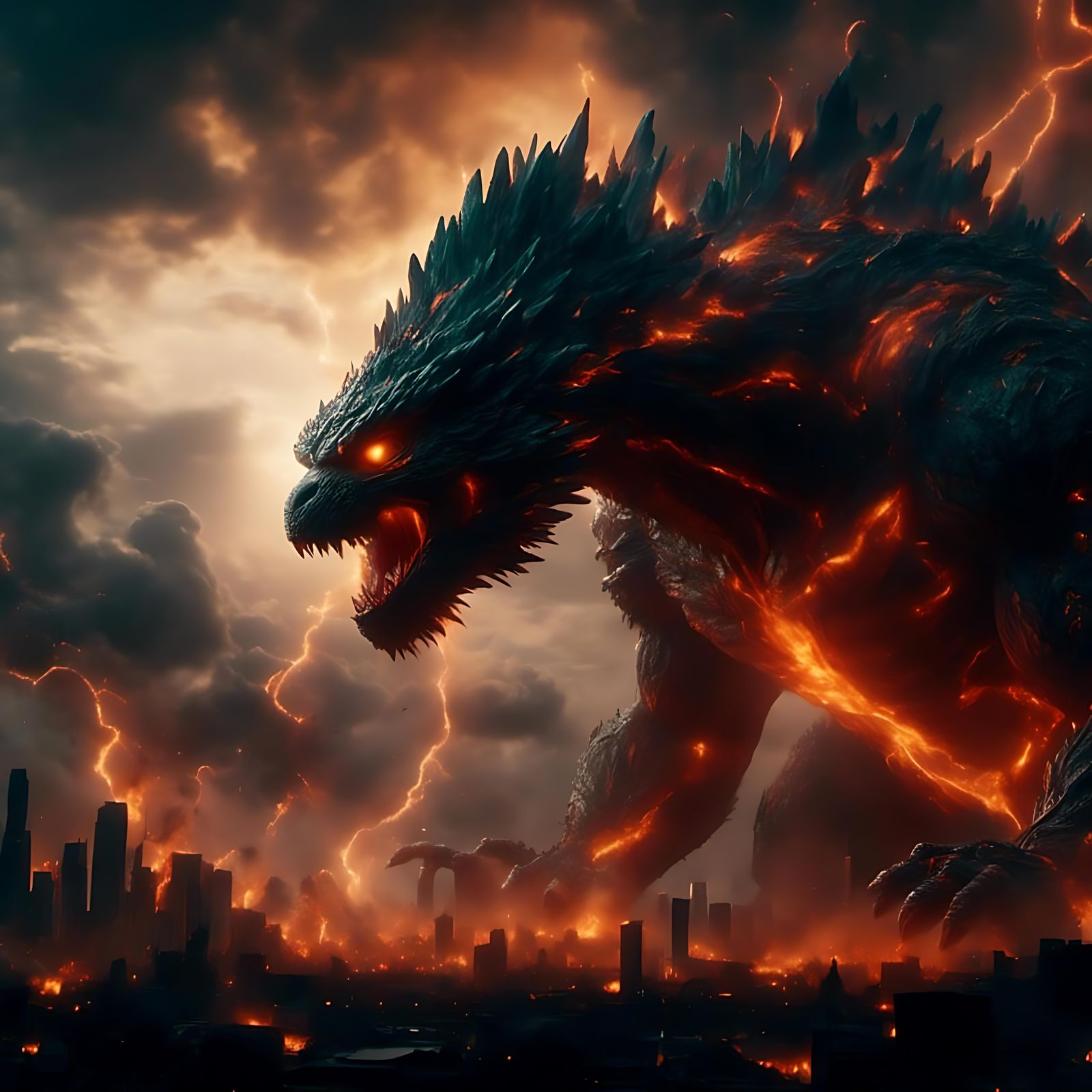 Godzilla-like Entity Amidst a Warzone Night Sky