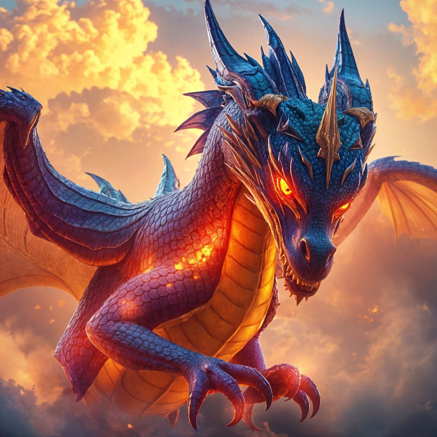 Sapphire Dragon Headshot with Golden Accents