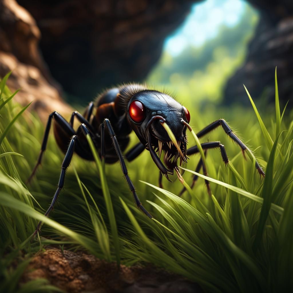 Photorealistic Ant with Human Eyes in Grassy Landscape