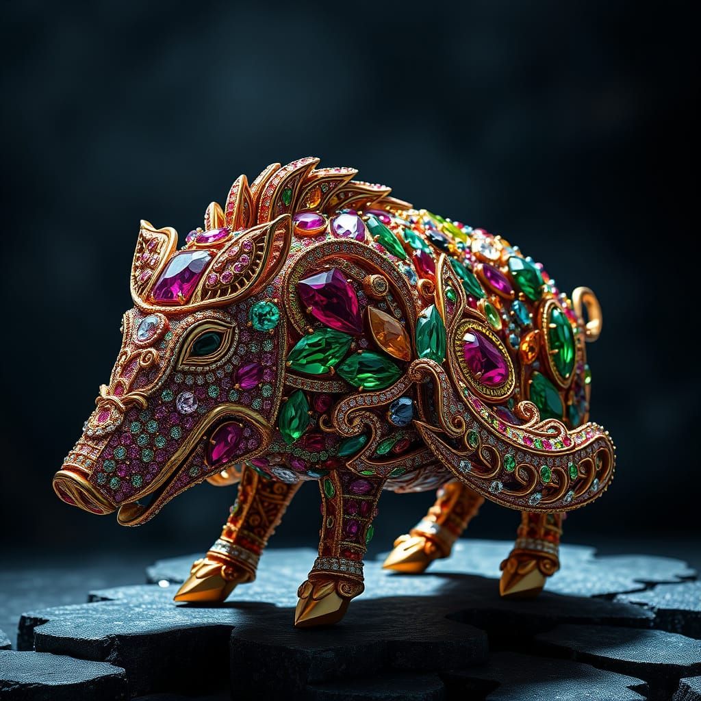 Majestic Jewel-Encrusted Boar in Hyperrealistic Splendor