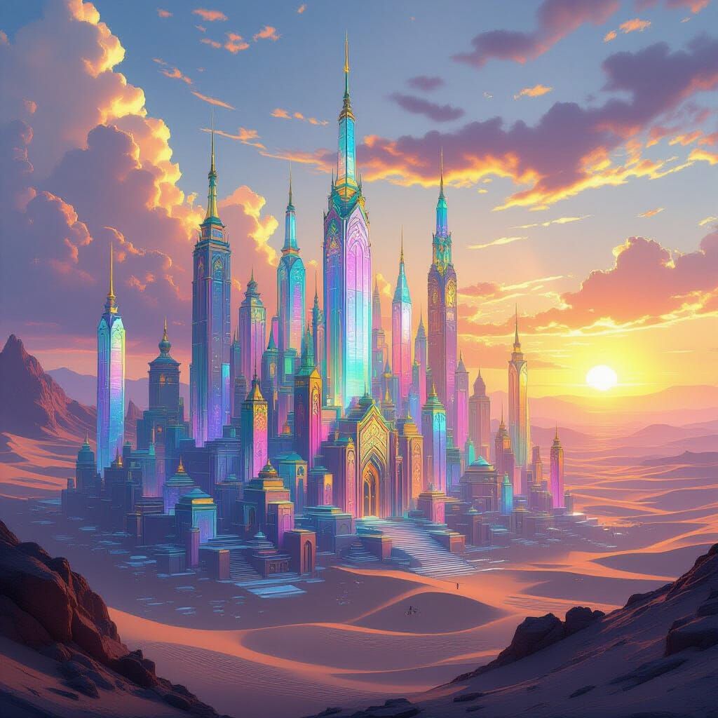 Iridescent Glass City Rises From Desert At Sunset