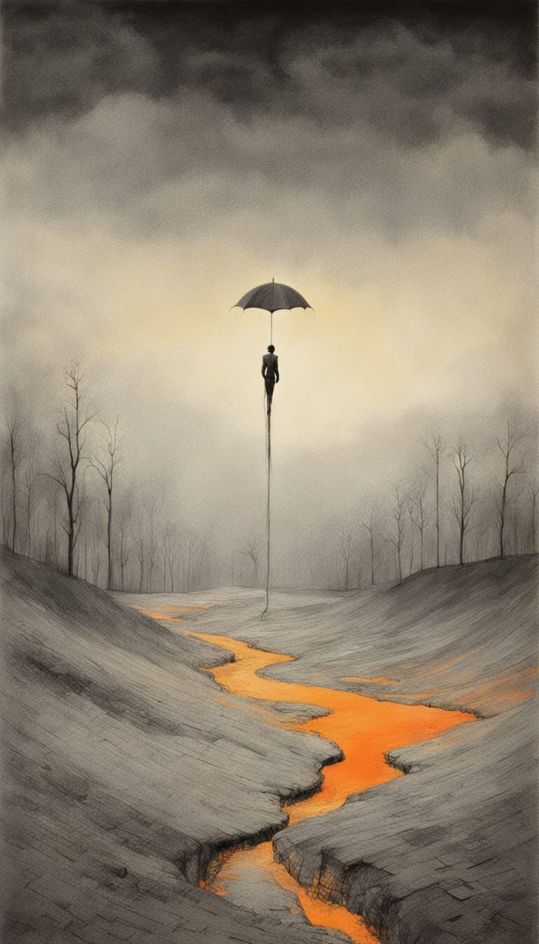 Surreal Figure in Void: Ink and Watercolor Painting