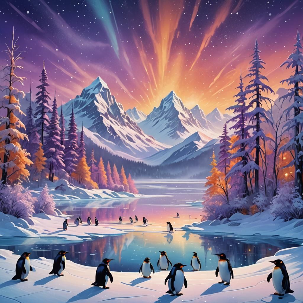 Penguins Play Ice Hockey: Cartoon Fantasy Art