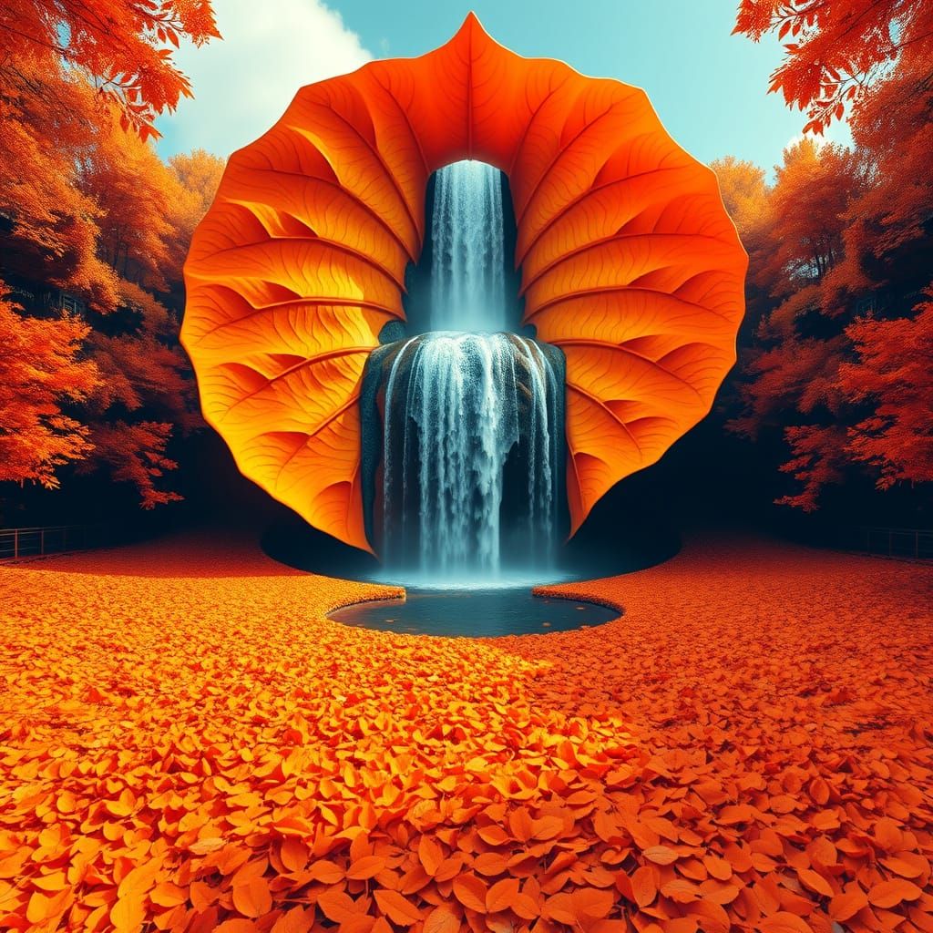 Majestic Autumn Waterfall in Pop Art Screen Print Style