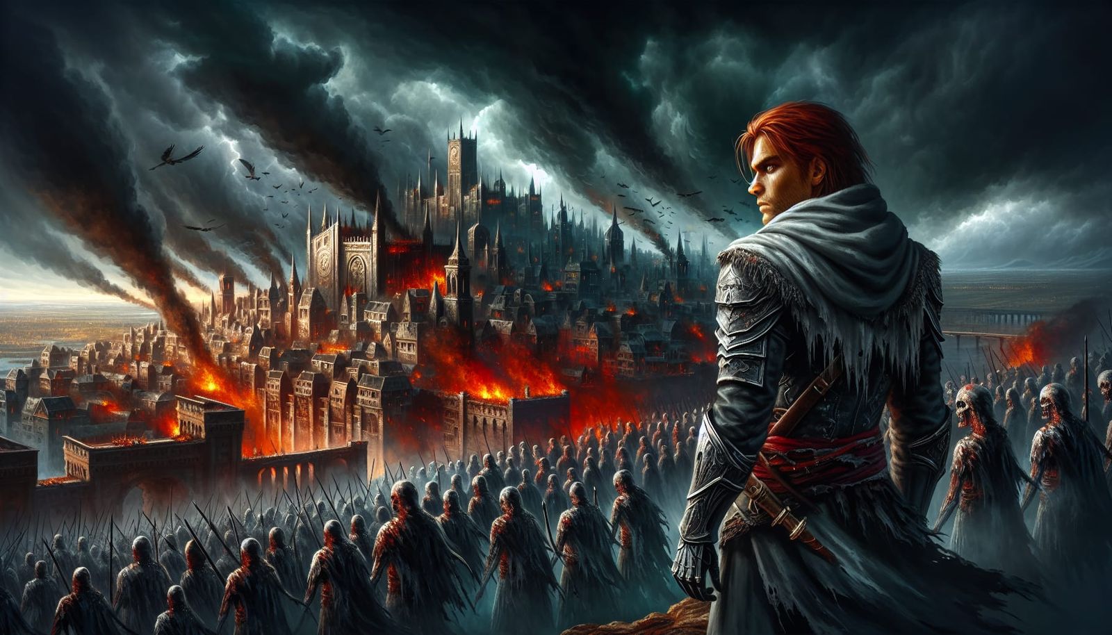 Assassin Overlooks Burning City Under Dark Clouds