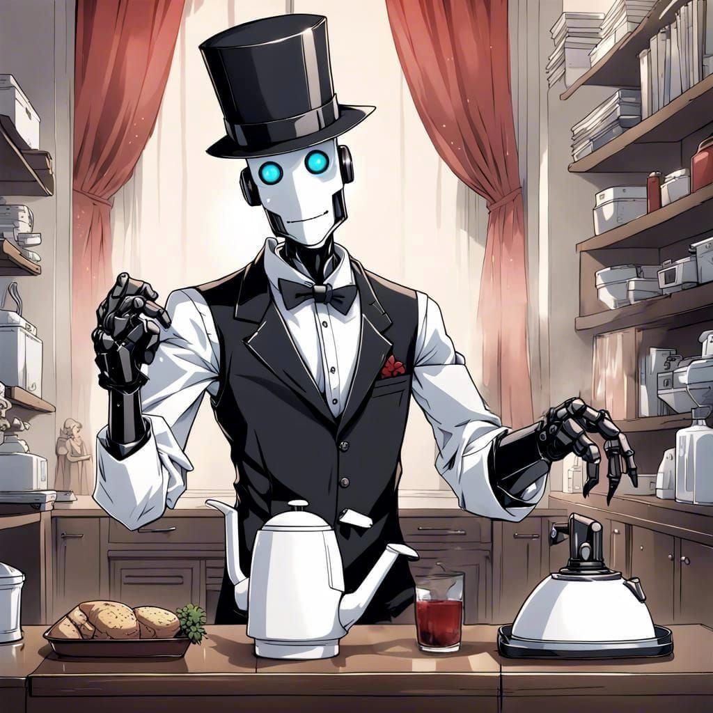 Robot Butler Serving Mafia in Anime Style