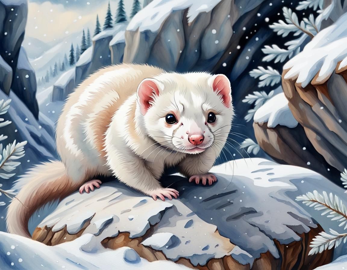 Cute Ferret in Snowy Biome Watercolor Painting