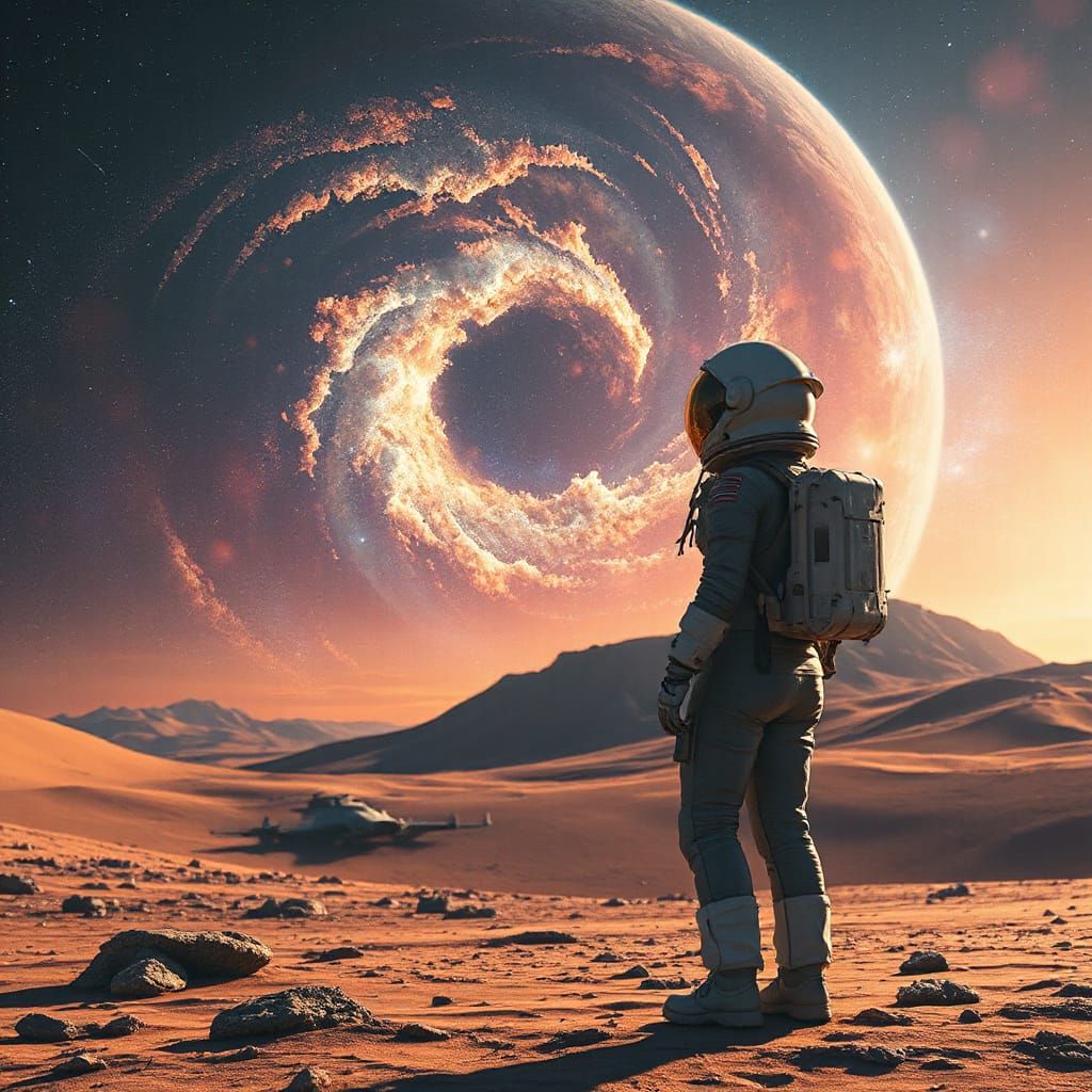 Astronaut on Alien Planet with Approaching Ships