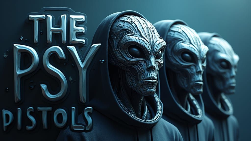 Futuristic 3D Logo in Metallic Typography with Alien Hoodies
