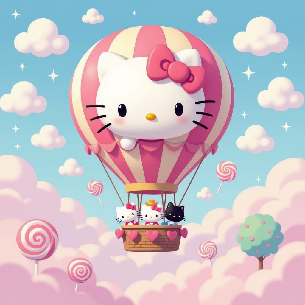 Hello Kitty Hot Air Balloon in Kawaii Style
