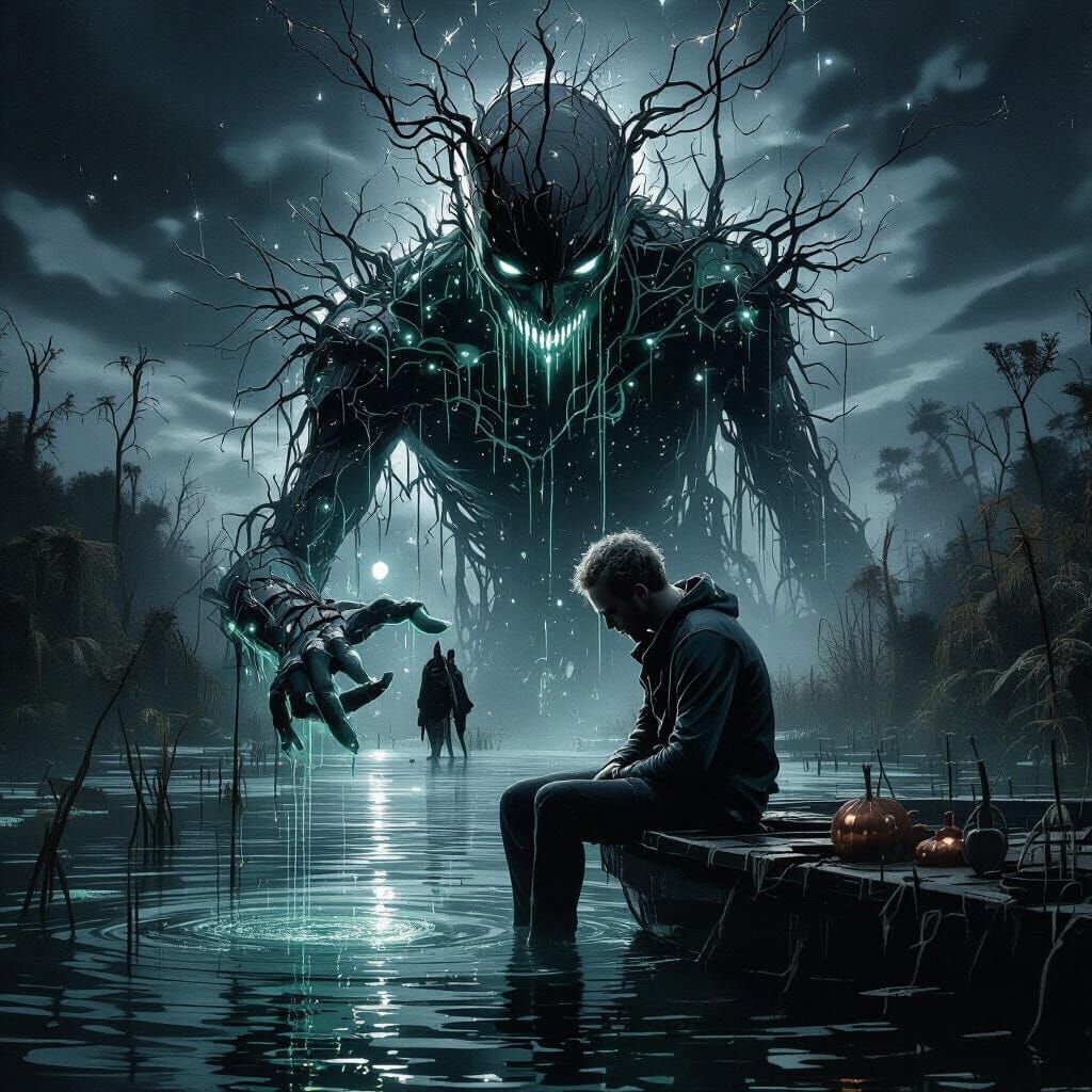 Solitary Figure Contemplating Love and Misfortune in Swamp D...