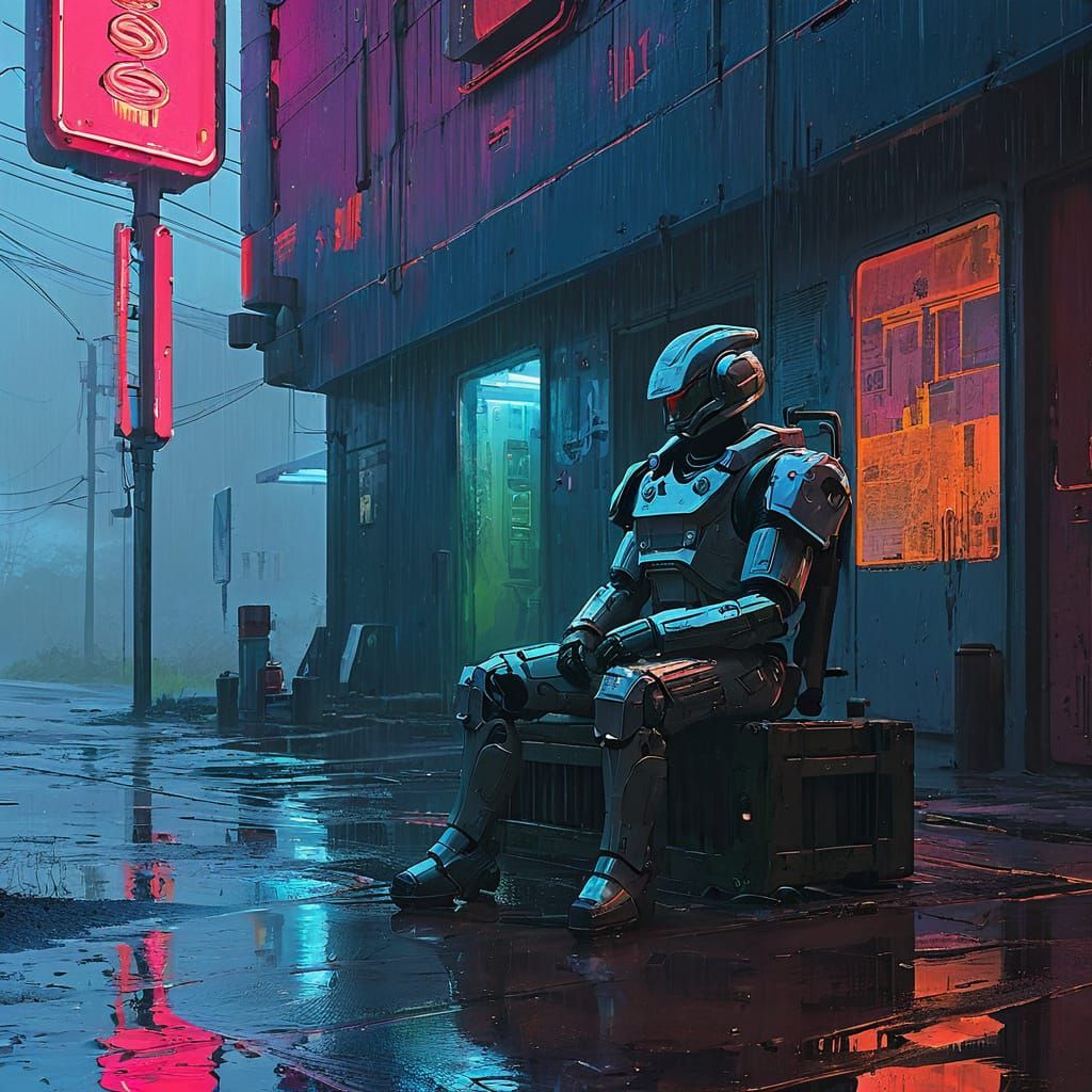 Cyborg in Rainy Alleyway, Futuristic Tavern Glow