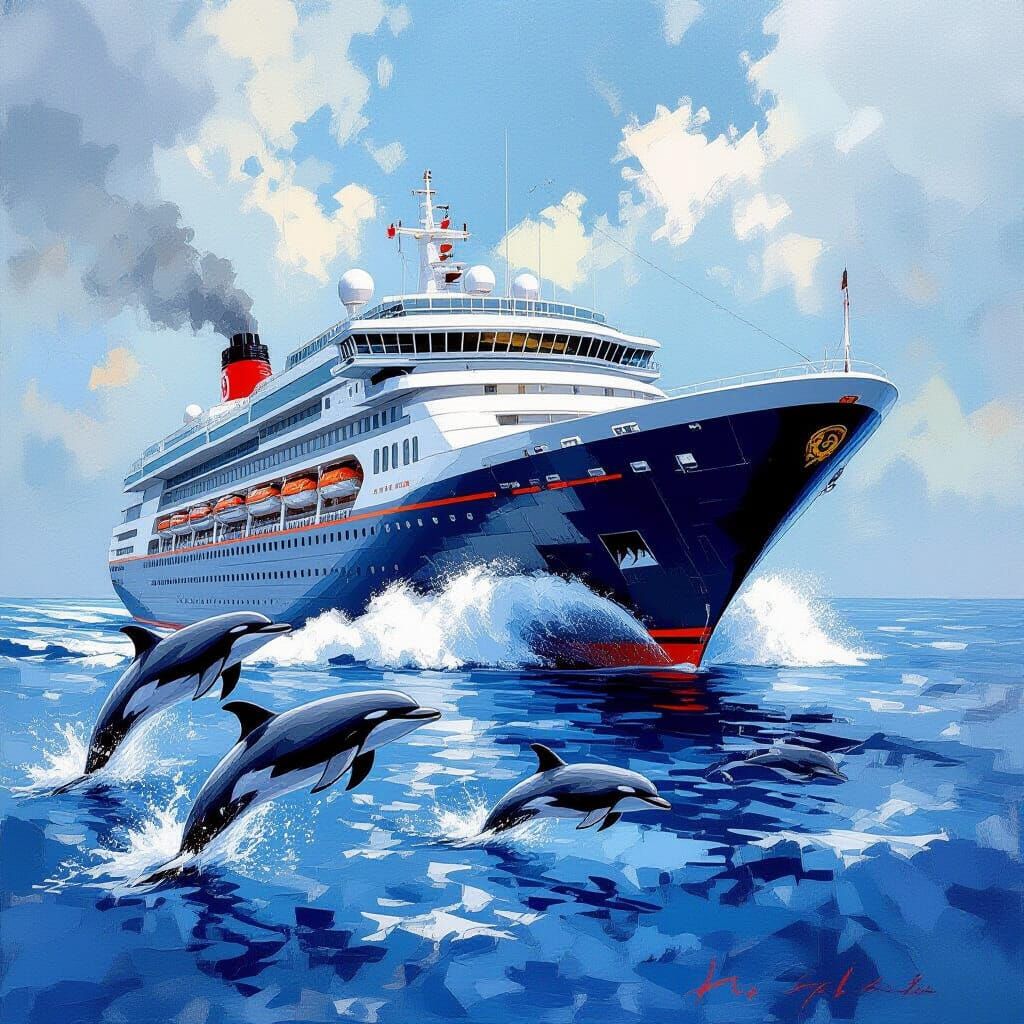 Cruise Ship and Dolphins in Impressionist Style